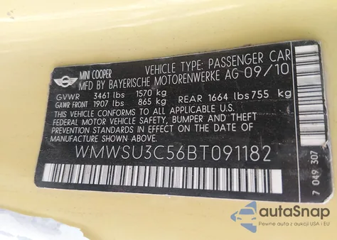 2011 Mini Cooper z USA, uszkodzony, nr VIN WMWSU3C56BT091182